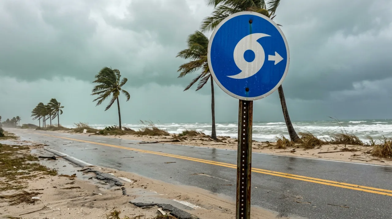 A round blue roadside route sign with a white storm symbol and arrow, palms bending in wind behind it