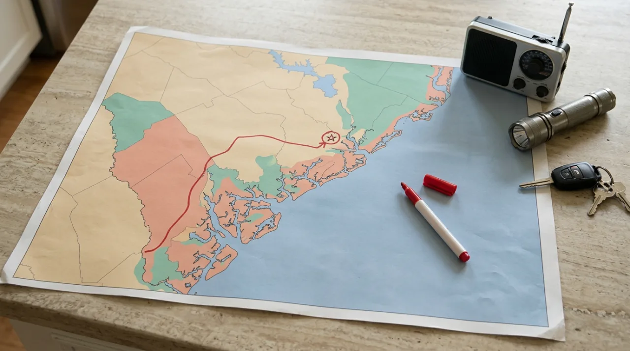 A printed county zone map on a counter with a red route marked to a starred point, next to a radio and flashlight